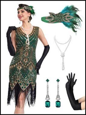 1920s Flapper Dress Set Sequin Fringe Costume Feather Headdress Gloves Pearl